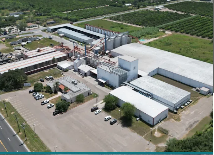 Aerial view of the Three Roots animal-feed manufacturing plant in Weslaco, Texas