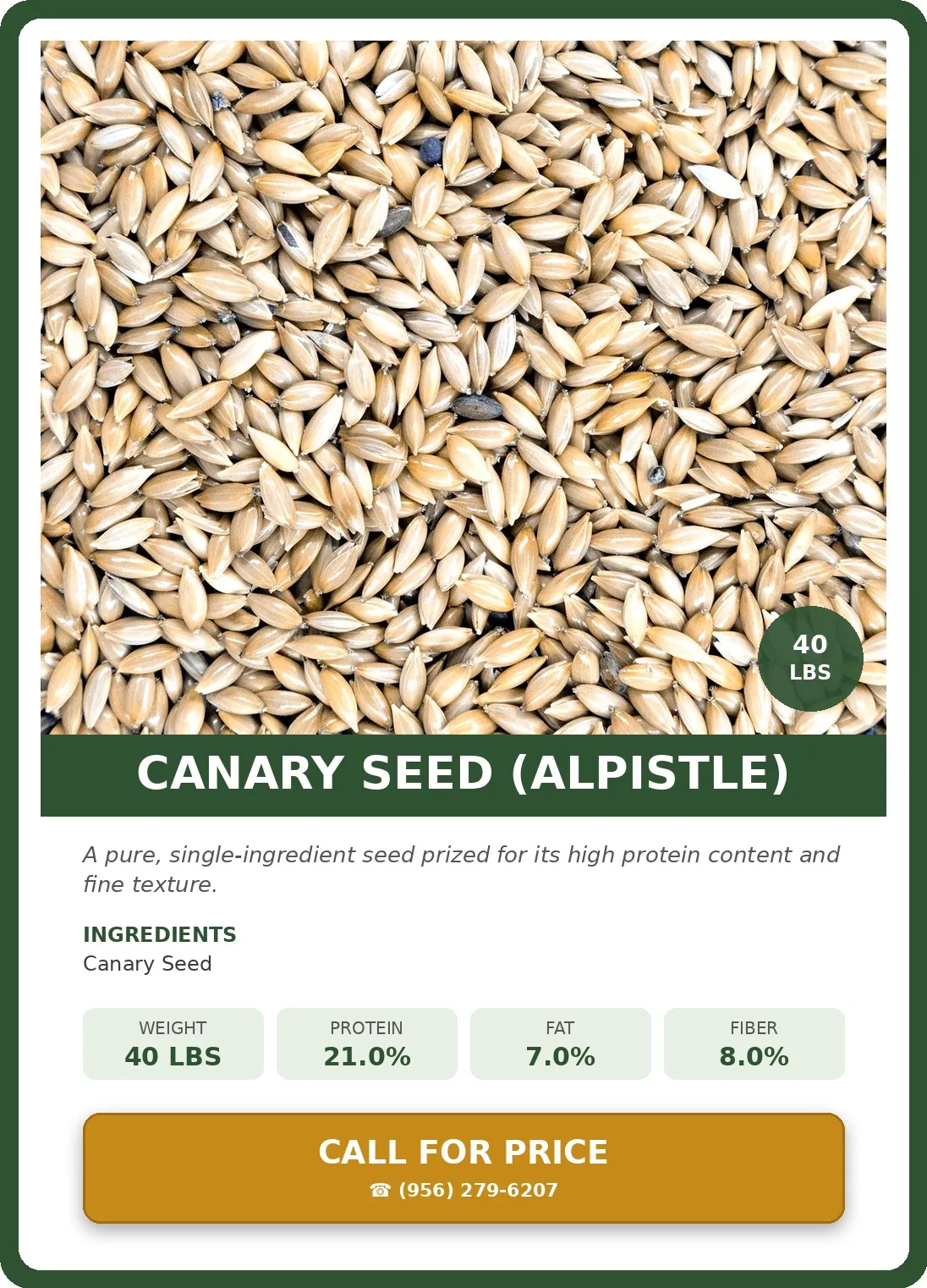 Canary Seed (Alpistle) — product photograph and supplied label