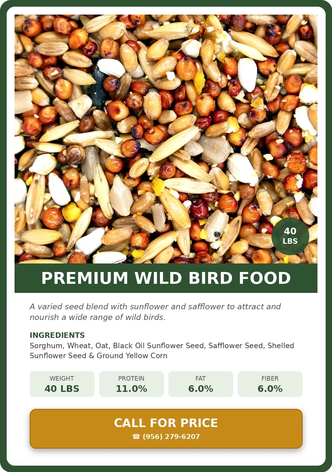 Premium Wild Bird Food — product photograph and supplied label