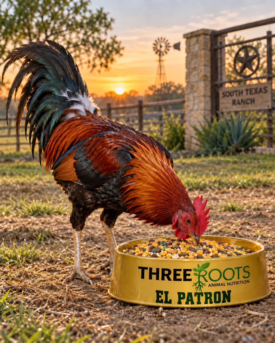 Rooster eating feed from a Three Roots Animal Nutrition bowl labeled El Patron at sunrise